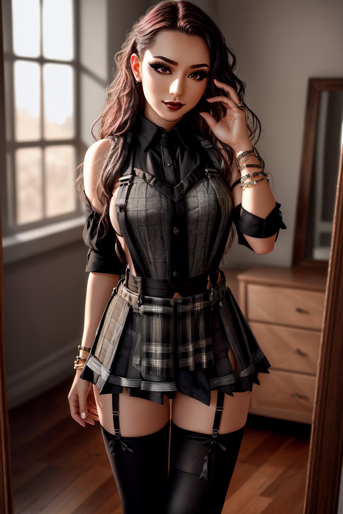 Masterpiece, absurdres,HDR,8k,excited,smirking,best quality,
beautiful edgHapa_woman, a woman wearing  (black thighhighs, ...
